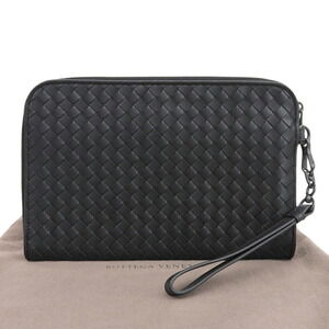 BOTTEGA VENETA Black Leather Intrecciato Clutch Bag